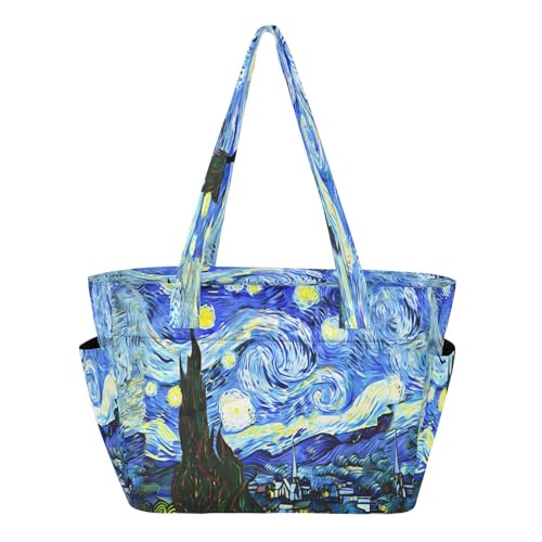 Bolso tote para mujer con estampado de noche estrellada, bolso ligero grande para hombro con cremallera, bolso de mano para trabajo y viaje miniatura 1