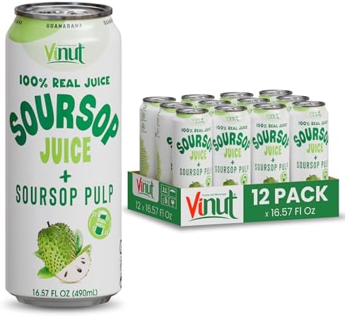 Vinut 100% Soursop Juice With Pulp (16.57 fl oz, Pack 12), No Sugar Added, Real Guanabana Soursop Graviola Drink, Fresh, Natural, Not from Concentrate (NFC)