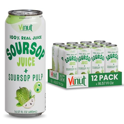 Vinut 100% Soursop Juice With Pulp (16.57 fl oz, Pack 12), No Sugar Added, Real Guanabana Soursop Graviola Drink, Fresh, Natural, Not from Concentrate (NFC)
