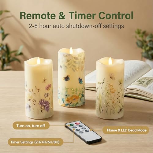 Image of Eywamage Fiber Optic Flameless Pillar Candles with Remote Set of 3, Butterfly Floral Summer LED Candles Home Decor Φ 3 inch H 6 inch