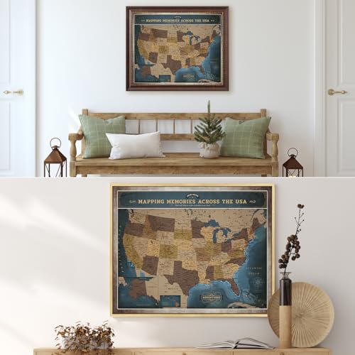 Image of DECORARTS - Personalized Framed USA Push Pin Travel Map in Deep Blue, Refined Vintage Explorer Style, Custom Name or Phrase, Blue Map Wall Decor Giclee Canvas for Living Room or Office, Made in USA