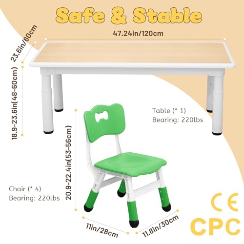 Image of FUNLIO Kids Table and 4 Chairs Set for Ages 3-8, Height Adjustable Toddler Table and Chair Set, Easy to Wipe Arts & Crafts Table, for Classrooms /Daycares /Homes, CPC & CE Approved(5 pcs Set)-Multicolor