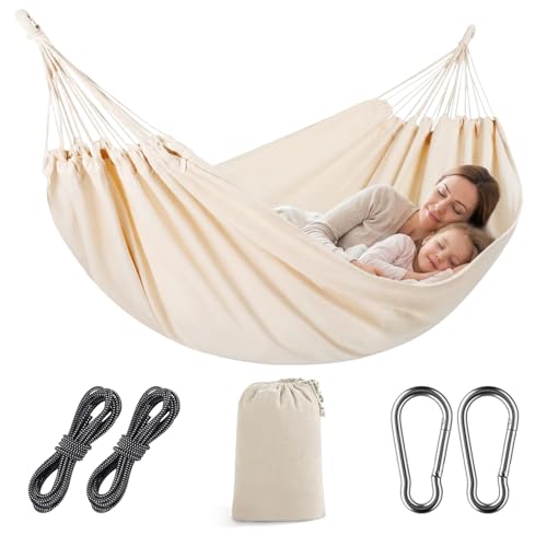 Listado de Hamacas para comprar hoy. 50 Hamaca Camping Portatil, Capacidad de 550 LB Hammock con Correas para Arboles y Bolsa de Transporte y Gancho Metalico, Decoración y Disfrute, para Exteriores, Interiores (Blanco...