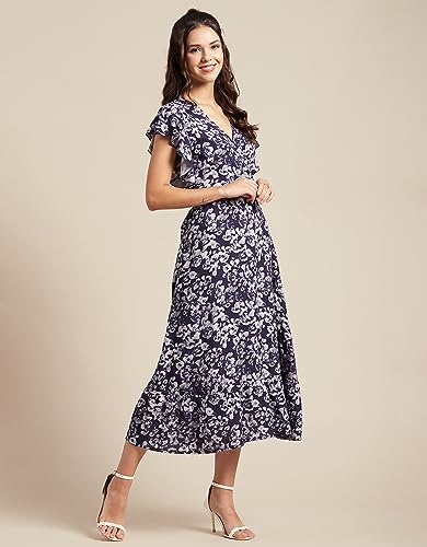Image of Moomaya Women's Printed Dress, V-Neck, Short Sleeves, Ruffled Midi Summer Dress