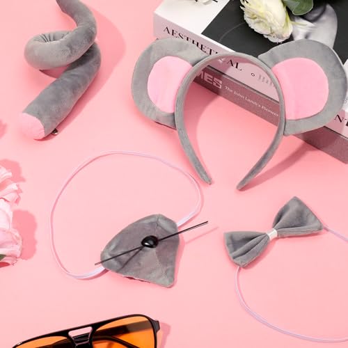 patinadrift 4 Stück Maus Kostüm Set,Verkleidung Tierkostüm Kit Maus Ohren Haarbänder Maus Nase Fliege Schwanz,Tier Kostüm Zubehör für Erwachsene Karneval Halloween