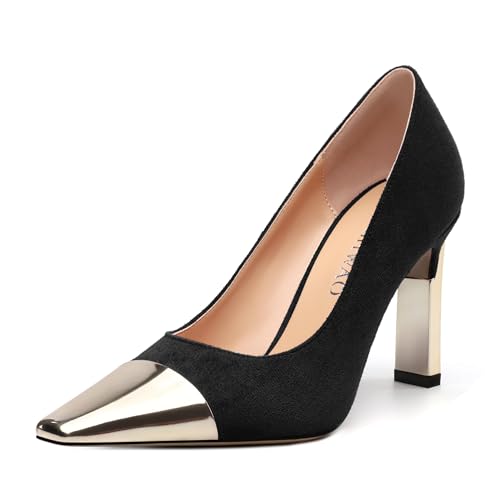 Women's Pumps, Square Toe High Heels, Fashion Patchwork Color Slip On Chunky Heel Shoes for Women