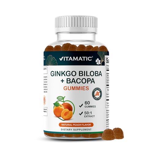 Vitamatic Ginkgo Biloba & Bacopa Gummies Plant-Based Botanical Extract Natural Peach Flavor Vegan Non-GMO Gluten-Free Herbal Supplement 60 Count
