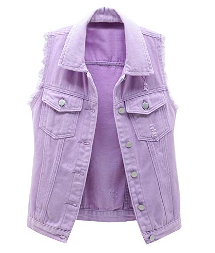 LifeShe Women's Button Up Distressed Denim Sleeveless Vest Jean Jacket with Frayed Sleeve