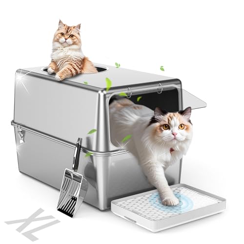 Aothey Stainless Steel Litter Box with Lid, Enclosed Metal with High Sides, Large Cat Litter Box, Dog-Proof, Odor Control, Easy to Clean,Durable with Round Edge (Frontal Opening)
