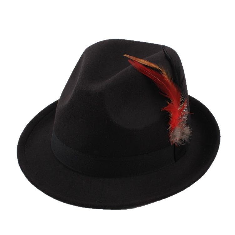 GREUS Unisex Wool Felt Fedora Hat with Feather Vintage Short Brim Trilby Cap Classic Jazz Hat for...
