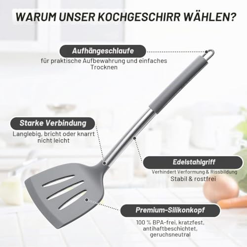 Silikon-Küchenutensilien-Set, 15-teilig, hitzebeständiges Küchenhelfer-Set mit hochwertigen Edelstahlgriffen zum Kochen und Backen… – Ansicht 5