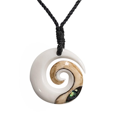 Hand Carved Koru Real Bone Pendant with Genuine Abalone Shell - Black Cord Hawaii Necklace - Maori Style Jewelry - Round Spiral Swirl Surfer Necklace for Men - Natural Accessories
