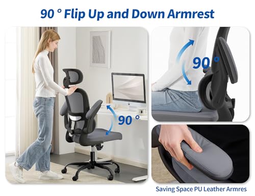 Image of TRALT Ergonomic Office Chair - Desk Chair with Adjustable Headrest Lumbar Support Computer Chair - Mesh Comfy Chair with Flip-up Armrests - Gaming Chairs for Adults Home Office (Leather, Dark Grey)