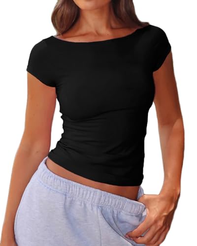 Beumissy Women's Boat Neck Short Sleeve T-Shirts Y2K Cute Going Out Tops Summer Baby Tees(Black, Small)