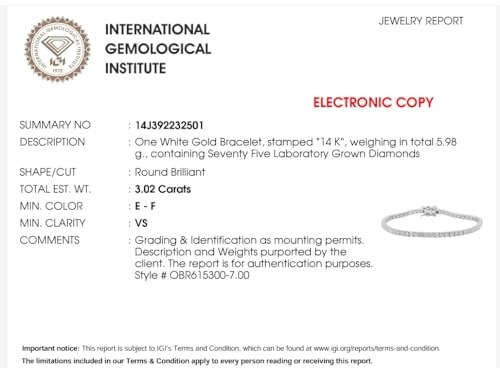 3.00-20.00 Carat IGI Certified Lab Grown Diamond Tennis Bracelet for Women 14K White/Yellow Gold Prong Setting Push Safety Lock Clasp Round Cut Jewelry Size 6.5-7.5" (E-F Color, VS Clarity)2