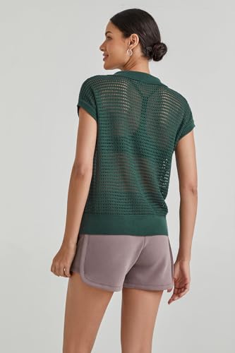 Image of Arach&Cloz 2025 Women's Crochet Cap Sleeve Knit Tops Spring Summer Shirts Lightweight Collared Hollow Out Casual Blouses