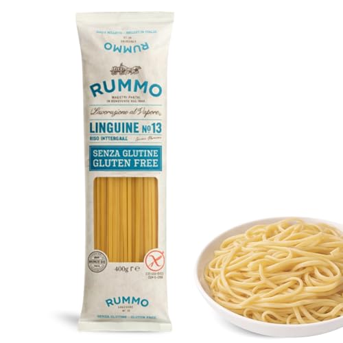 Linguine Rummo Nº13, Pasta Italiana, Pasta sin gluten, Pasta alimenticia con harina de arroz integral y maíz, Sin gluten, Elaboración lenta, 1 Paquete de 400 gr