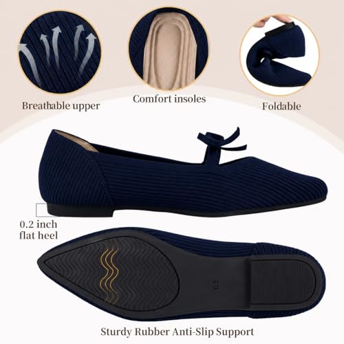 Image of TINGRISE Women's Pointed Toe Flats Comfortable Knit Ballet Shoes Washable Dressy with Bow Business Casual Work Shoes