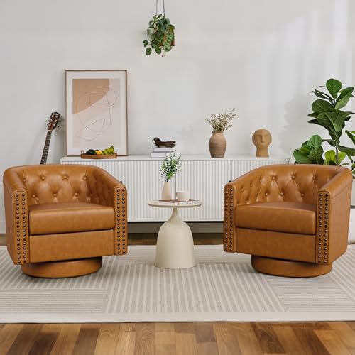 Image of Swivel Barrel Accent Chairs Set of 2, Round Faux Leather Living Room Arm Chairs, Modern Upholstered Comfty Reading Nook Chairs for Bedroom, Small Club Armchairs, Sofa Side Chairs, Brown