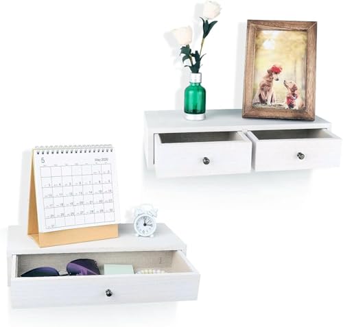 Image of Wood Floating Wall Mounted Drawers on a Floating Shelves with Drawers for Bedrooms, Living Rooms, and Displays Two Vintage Bedside Shelves (Pine) Wood (White)
