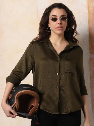 Image of High Star Women Boxy Spread Collar Long Sleeves Solid Shirts 43