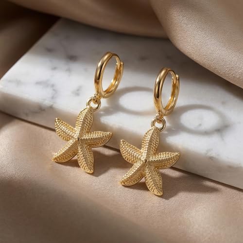 Image of Gold Starfish Mermaid Tail Dangle Drop Earrings for Women, Trendy Cute Pearl Fish Tail Shell Textured Hoop Dangling Earing Summer sea Beach Jewelry Gift.