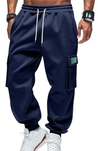 Image of OLIPHEE Mens Fleece Sweatpants Relaxed-Fit Athletic Workout Elastic Waist Drawstring Track Pants with Pockets Navy Blue 3XL