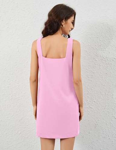 Image of Summer Linen Mini Dress for Women Sleeveless Square Neck Tank Shift Dresses Causal Backless Solid Short Sundress