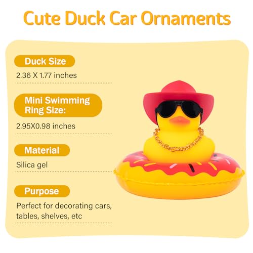Image of wonuu Car Rubber Duck, Yellow Duck Decoration Dashboard with Sun Hat Swim Ring Necklace Sunglasses for Car Dashboard Decorations, Red Cowboy Hat-Red Donut