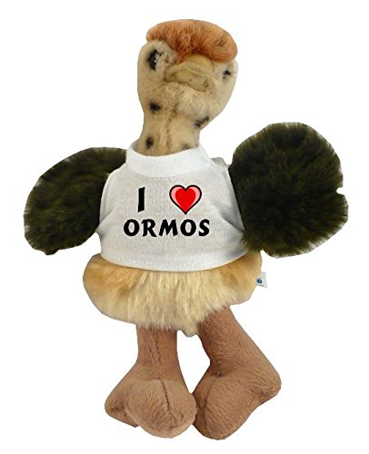 Personalised ostrich plush toy with I love Ormos T-Shirt (first name/surname/nickname)
