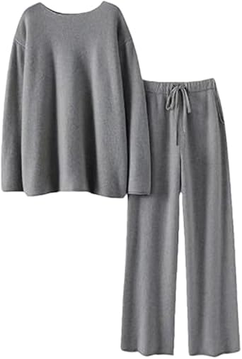 Womens Oversized Cashmere Set Round Neck Long Sleeve Knit Pullover Sweater Straight Wide Leg Pants