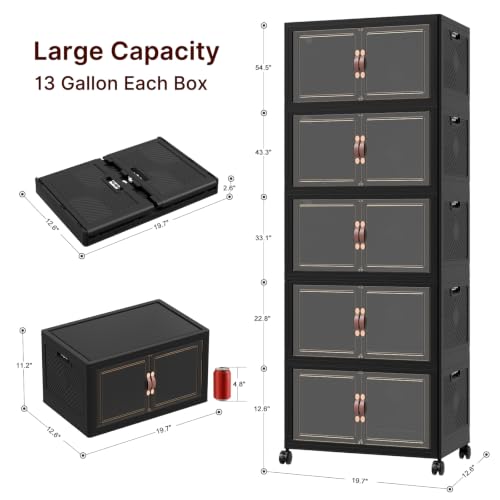Image of UAMFURI Stackable Storage Bins with Lids, 240QT Lockable Storage Cabinet | Folding Storage Box with Doors and Wheels, Collapsible Plastic Drawers for Home, Garage, Office