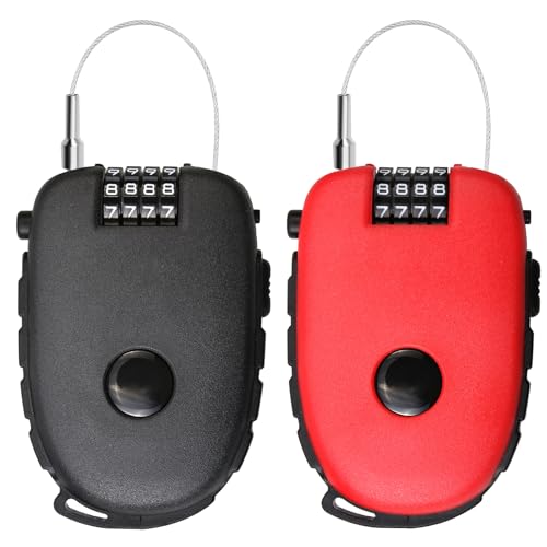 2PCS Candado Cable Retráctil 4 Dígitos 130cm, Candado Casco Moto y Patinete Eléctrico, Candado Bicicleta Antirrobo Inoxidable para Equipaje Mochila Scooter（Rojo y negro）