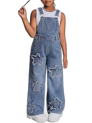 Girl's Wide Leg Denim Overalls with Star Patchwork