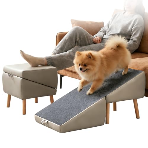 Split Ottoman Dog Ramp for Couch 17.52 H Dog Stairs for Small Dogs and Cats Foldable Pet Steps for Puppy and Medium/Senior Dogs Non-Slip and Portable (Light Yellow)