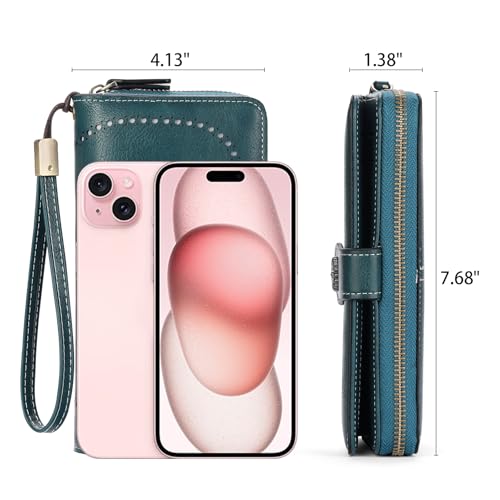 Image of Wristlet Wallets for Women Leather Credit Card Holder Bifold Blue | RFID Blocking, Large Capacity, Ladies Phone Clutch Purse with Zippered Coin Pocket