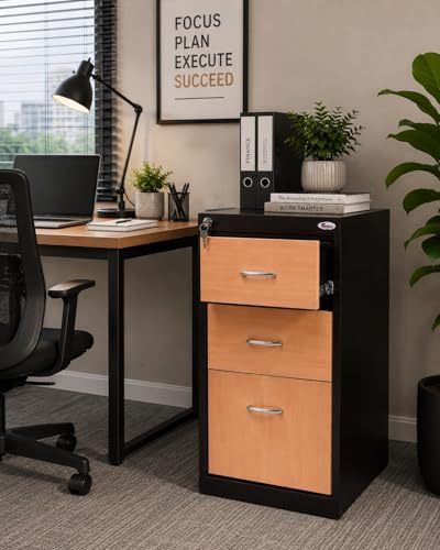 Image of Shubham Furnitures 3 Drawer Steel Pedestal Cabinet | Lockable Powder Coated Filing Cabinet for Files, Documents & Stationery | Office Storage Unit (Brown, Pedestal with Levellers)
