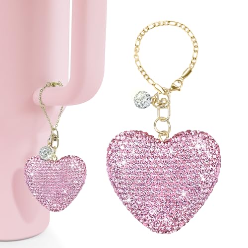 Mokoart Glitter Heart Shape Charms for Stanley Decorations, Tumbler Accessories for Stanley Cup with Handle 40 oz 30 oz, Bling Cute Love Heart Charms for Stanley Cup Accessories (Pink)
