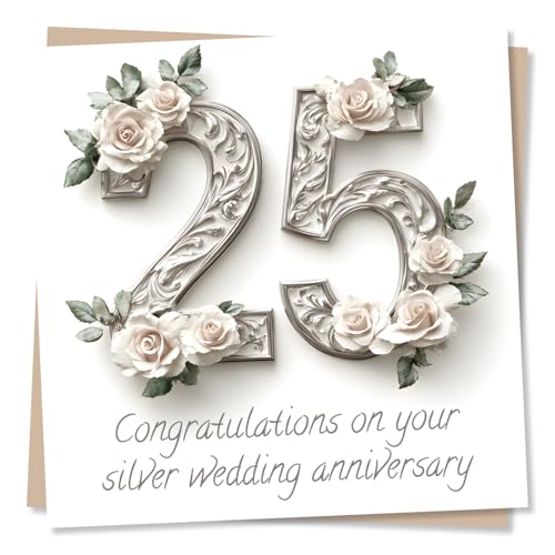 Elegant Happy 25th Anniversary Card for Loved One - 25 Years - Congratulations On Your Silver Wedding - for Friend Relative