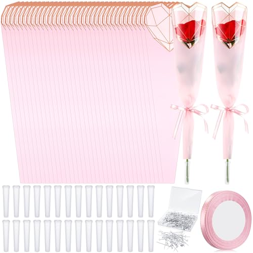 Image of Skyygemm 301 Pcs Flower Wrapping Kit for Wedding Mother's Day 100 Single Rose Sleeves 100 Water Tubes 100 Crystal Diamond Head Pins 1 Ribbon for Birthday Wedding Flower Gifts Arrangement(Pink)