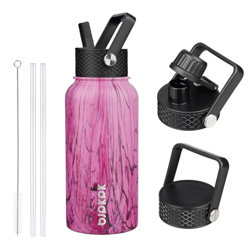 Image of BJPKPK Insulated Water Bottles with Straw Lid, 27oz Stainless Steel Water Bottle with 3 Lids, Leak Proof BPA Free Metal Thermo, Mugs, Tumblers, Keep Cold Hot - Wood Pink