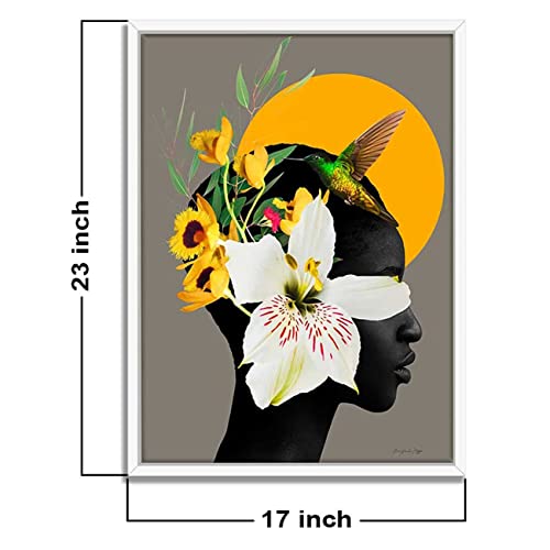 Image of PAINTINGMANTRA Marigold Yellow Girl Flower Bouquet White Framed Canvas Print for Wall, Home and Living Room Decoration (Size - 23 x 17 Inchs)