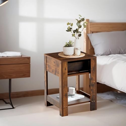 Image of MISAN Boston Solid Wood Bedside Table with Rattan Drawers Mid Century Night Stand for Living Room, Bedroom (I - Hony)