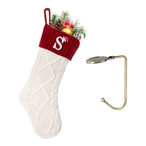 VRFASHION Christmas Stockings with Initials, Letter S Embroidered Xmas Stockings, 18" Large Monogram Knitted Xmas Stocking, Christmas Party Fireplace Family Hanging Stocking Decorations 1Pcs White-Red