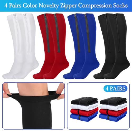 Image of Tarpop 4 Pairs Men Zipper Compression Socks Colorful 20-30mmhg Compression Stockings with Zipper for Men Women Swelling Edema