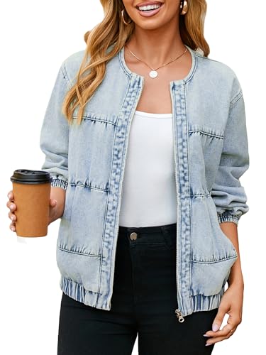 Glamaker Womens Denim Bomber Jacket Trendy Casual Zip Up Crew Neck Long Sleeve Overszied Jean Jacket Spring Fall Coats (Light Blue L)
