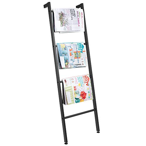 mDesign Metal Free Standing Leaning Decorative Bath Towel Bar Storage Ladder - Holds Towels, Blankets, Throw Blankets, Quilts - 4 Levels - Matte Black