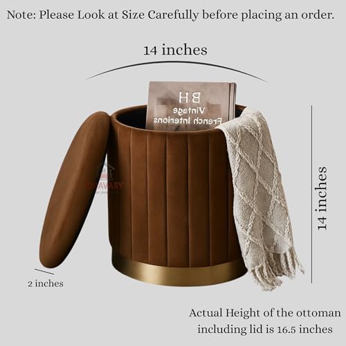 Image of Round Velvet Luxurious Storage Ottoman, Pouf with Storage Vanity Stool Chair,Upholstered Foot Rest Stool with Gold Strip Base for Living Room or Bedroom (Coffee, Medium- 36Dx36Wx40H)