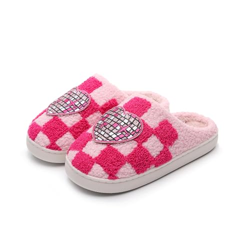 Heart Pattern House Slippers for Women Warm Faux Fur Classic Plaid Slippers Anti-skid Indoor Outdoor Checkered Shoes with Memory Foam