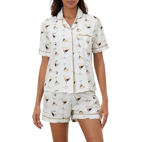 Image of Yiulangde Silk Martini Pajamas for Women Satin 2 Piece Preppy Pjs Cute Cowgirl Boot Short Sleeve Shirt Matching Pj Shorts Set